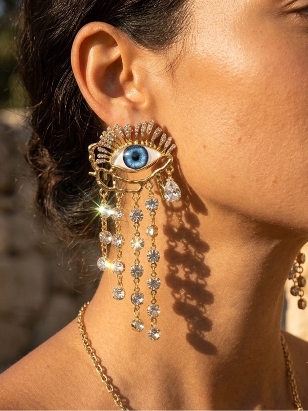 ✨ Celestial Eye Statement Earrings – Crystal Dangle Charms & Gold-Tone Artistry